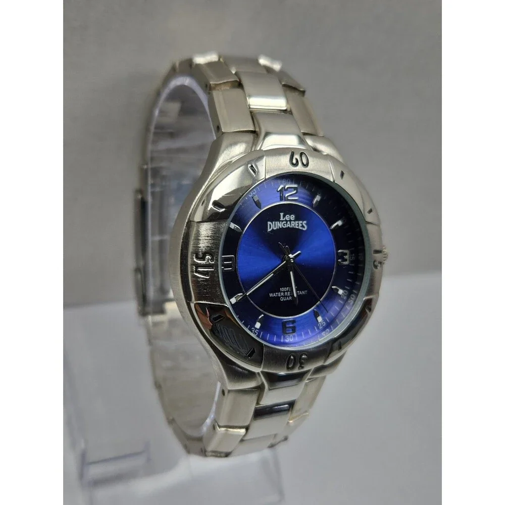 Vintage Lee Dungarees Mens Blue Dial Sport Metal Bracelet Y2K Quartz New Battery